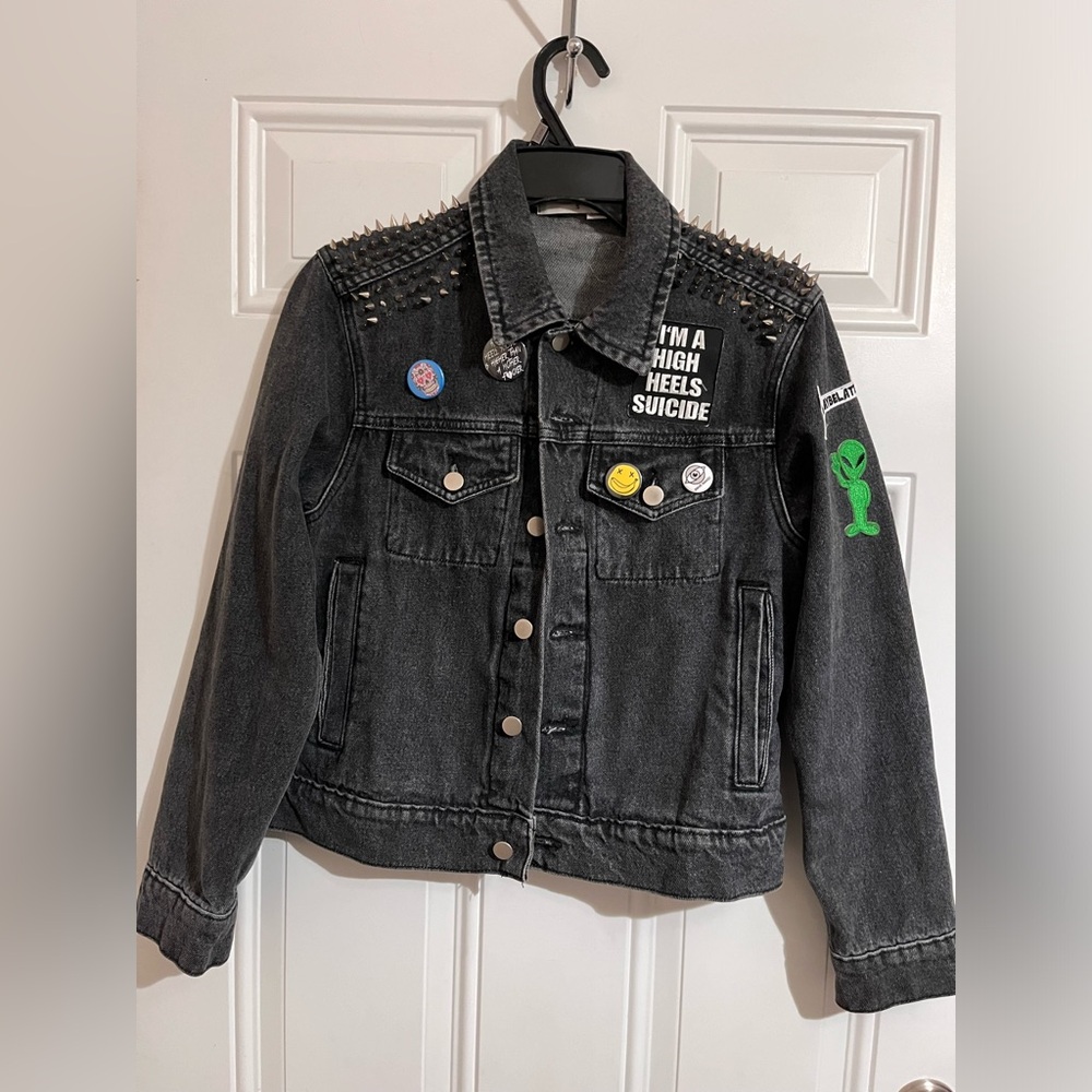 High Heels Suicide Jean Jacket L Black Rocker Grunge Goth Spiked Studs Patch USA